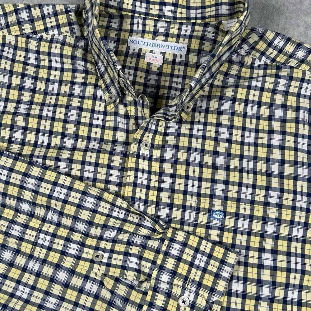 SOUTHERN TIDE Men L/S Tailored Fit Navy Blue/Yellow Plaid Button Shirt Sz Medium